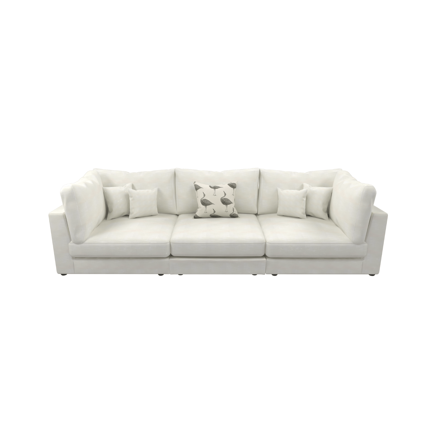 The Snowdrift Cream Sectional Sofa – Modular 3-Piece Set is a white design with five cushions, high backrests, and armrests. The two center cushions feature floral patterns in a minimalist, straight-edged style, offering customizable options for your living space.