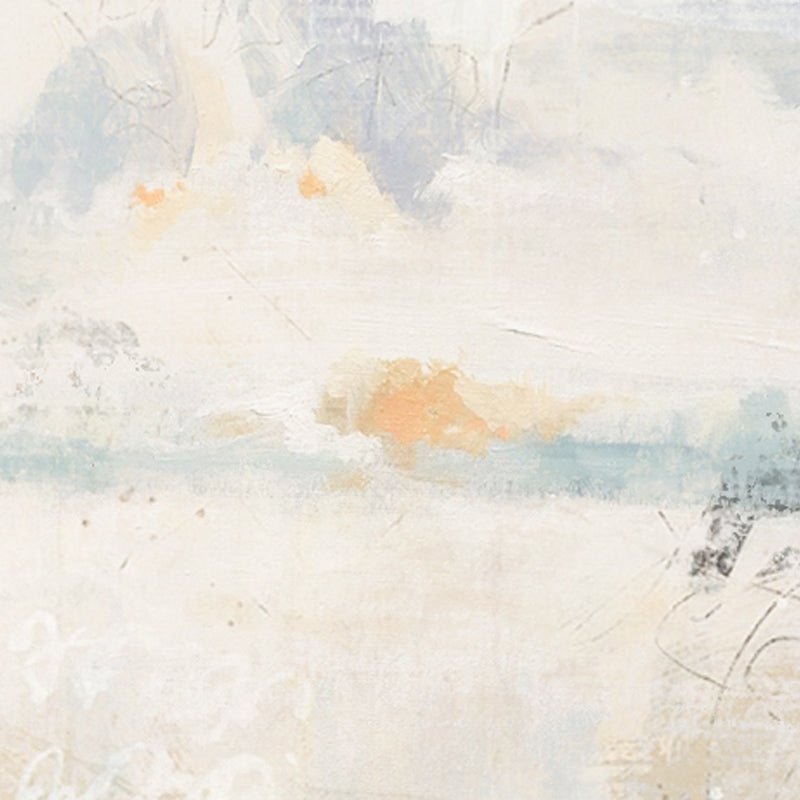 The Modern Abstract Wall Art Set features hand-painted canvases with soft hues of white, blue, and orange, creating brushstrokes and subtle textures for a hazy, ethereal landscape.
