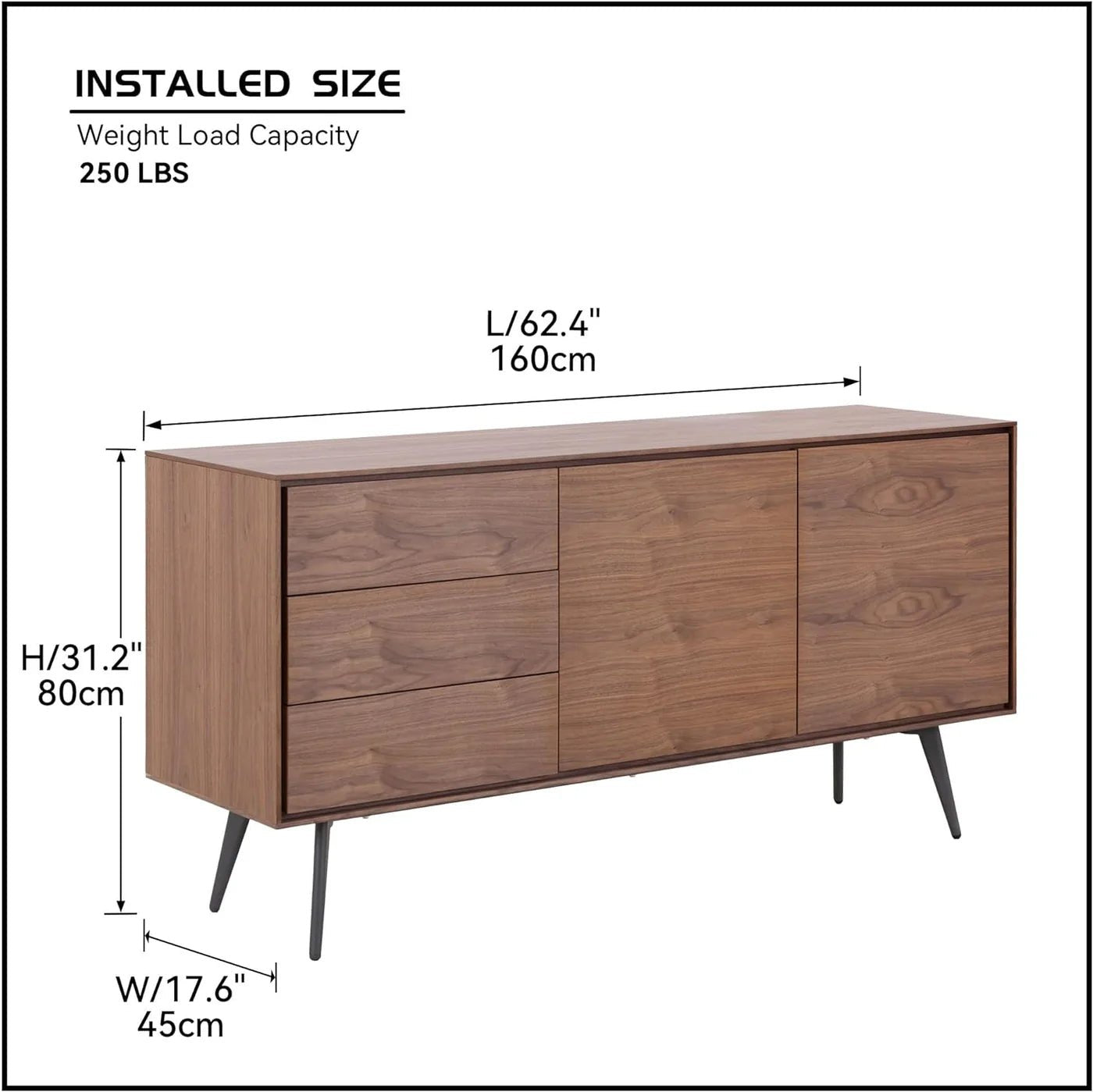 The Walnut Sideboard with Storage is a mid-century wooden console with three drawers and two doors, offering ample storage. Measuring 62.4" L x 17.6" W x 31.2" H, it is crafted from multi-layer solid wood and supports up to 250 lbs.