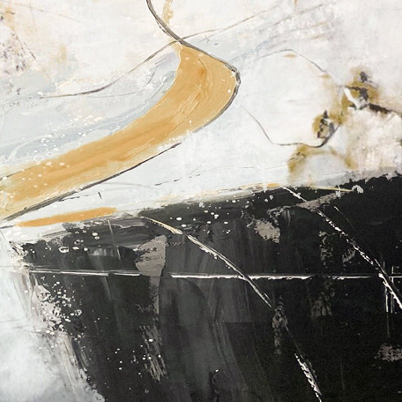 Golden Breaks" Modern Abstract Wall Art Set – hand-painted decor featuring curved beige strokes over textured black and white backgrounds with gold and gray accents; perfect as large contemporary acrylic wall art for modern spaces, sold in pairs of two.