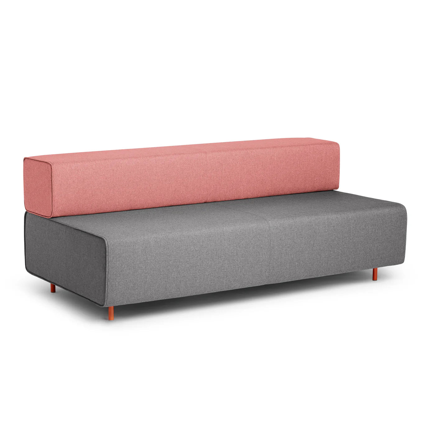 The Modern Office Sofa in pink features a gray seat and pink backrest, set on elegant wooden legs, making it a perfect fit for any contemporary workspace with its minimalist design.