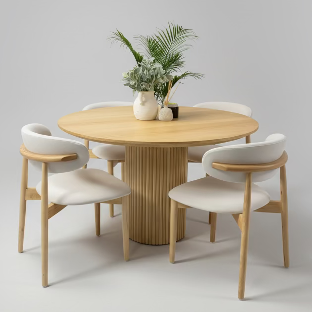 The Solid Wood Dining Set includes a round table and six cushioned chairs, ideal for modern minimalist spaces. Enhance its charm with a potted plant centerpiece and a floor lamp for a warm ambiance.