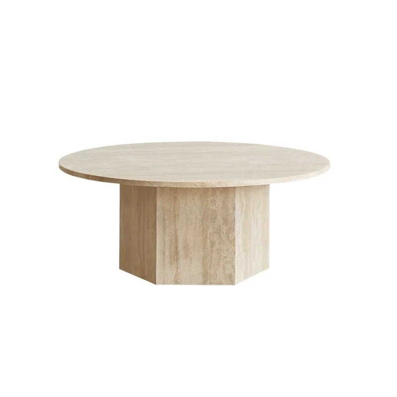 The Stone Coffee Table features a round, light-colored wooden top with a thick, cylindrical base, displayed on a white background.