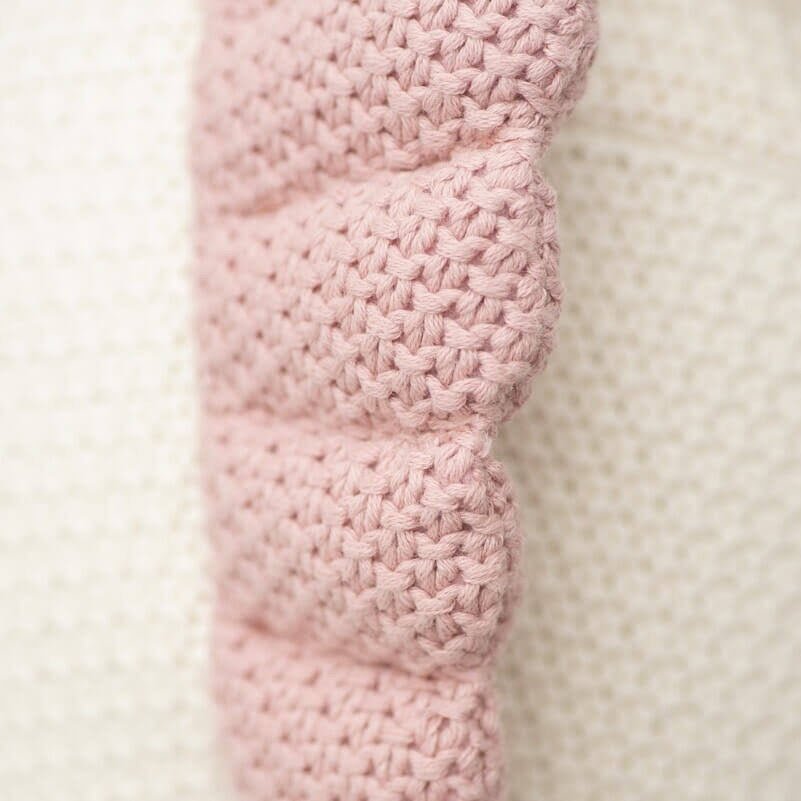 Close-up of a crocheted pattern with pink scalloped edges on a white background, perfect for inspiring playtime adventures in a themed room featuring the Ultra Soft Unicorn Accent Chair.