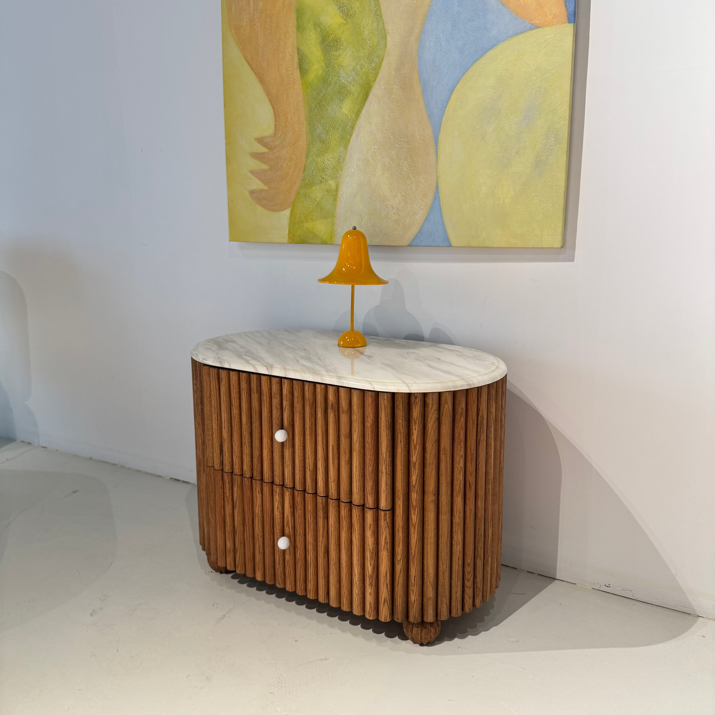 Fluted Red Oak Marble Top Nightstand