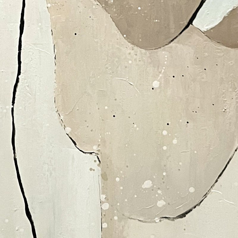 Modern Abstract Wall Art Set–Hand Painted "Minimalist Gray Stones" features overlapping beige, cream, and light brown shapes with black lines and white splatters—perfect for elevating contemporary decor. Comes as a pair.