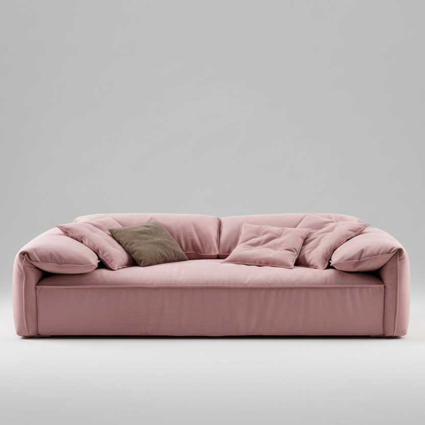 A room with a large window features a pink DownHug Flip Sofa – Ultra-Relaxing Deep Seat Lounge Sofa with plush goose down cushions. Two round black tables are on either side, and the glass frames outdoor views of trees and mountains beautifully.