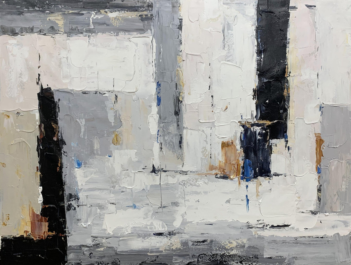 The Wabi Sabi Abstract Wall Art is a textured acrylic painting with layered vertical and horizontal brushstrokes in gray, black, white, accented by brown and blue. This modern piece makes striking wall decor.