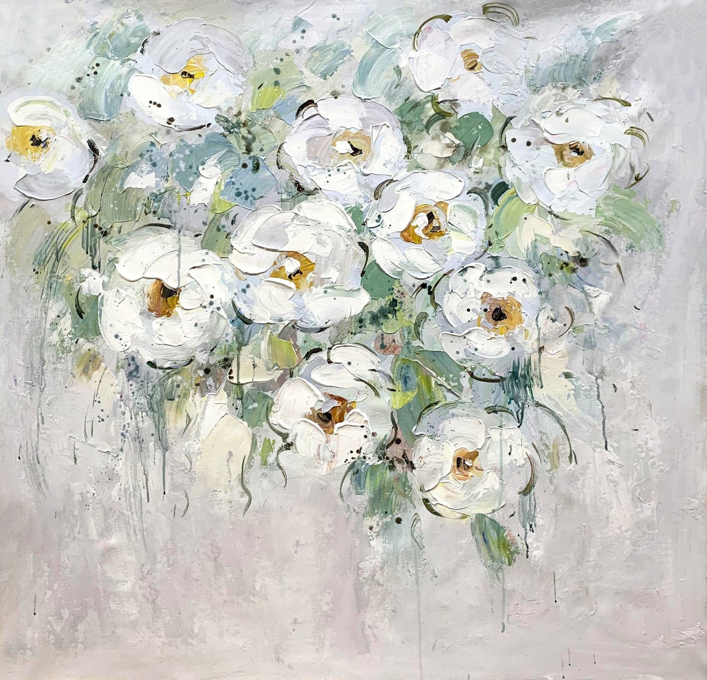 The Modern Painted Wall Art – White Flower Bouquet features white flowers with green leaves in a soft, muted palette on a light background. Its textured acrylic finish and elegant design make it perfect for contemporary decor.