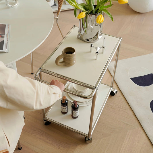 Rolling Side Cart with Chrome Frame and Two-Tier Storage Shelves