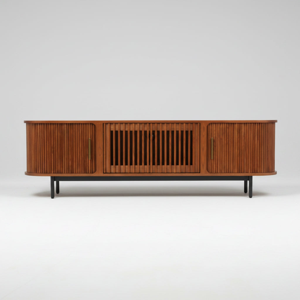 Walnut Slatted Wood Media Console –  Mid-Century TV Stand