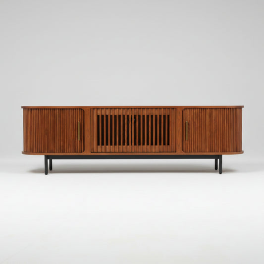 Walnut Slatted Wood Media Console –  Mid-Century TV Stand
