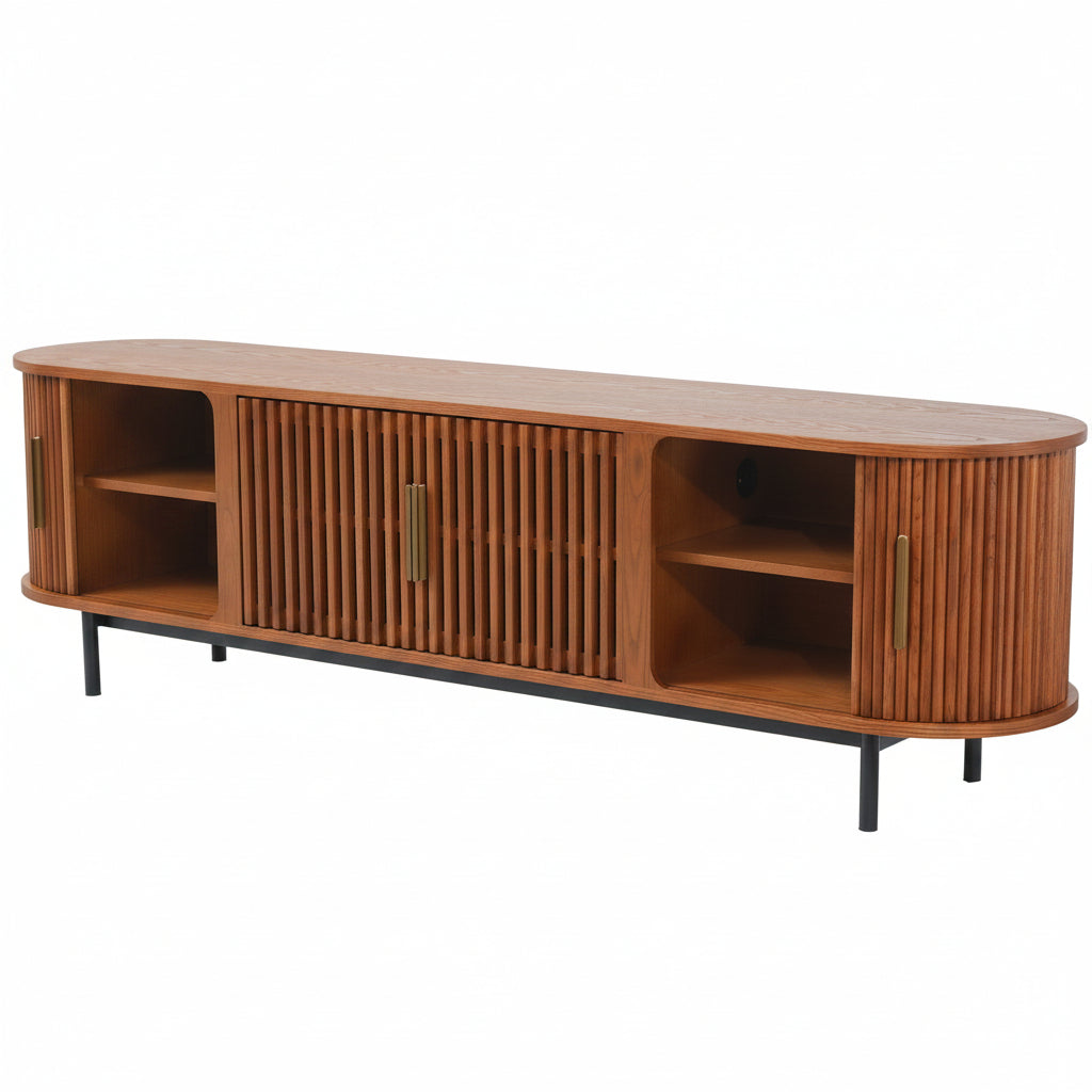 Walnut Slatted Wood Media Console –  Mid-Century TV Stand