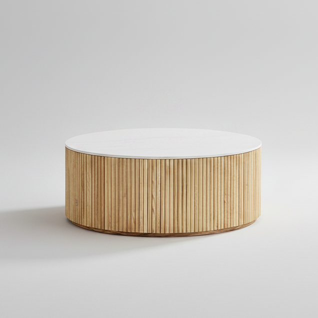 Round Fluted Coffee Table – Ceramic Marble Top & Oak Base