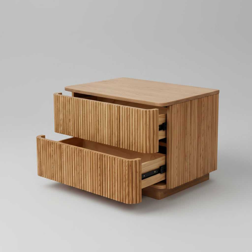 Fluted Wood 2-Drawer Nightstand – Natural Wood Bedside Table