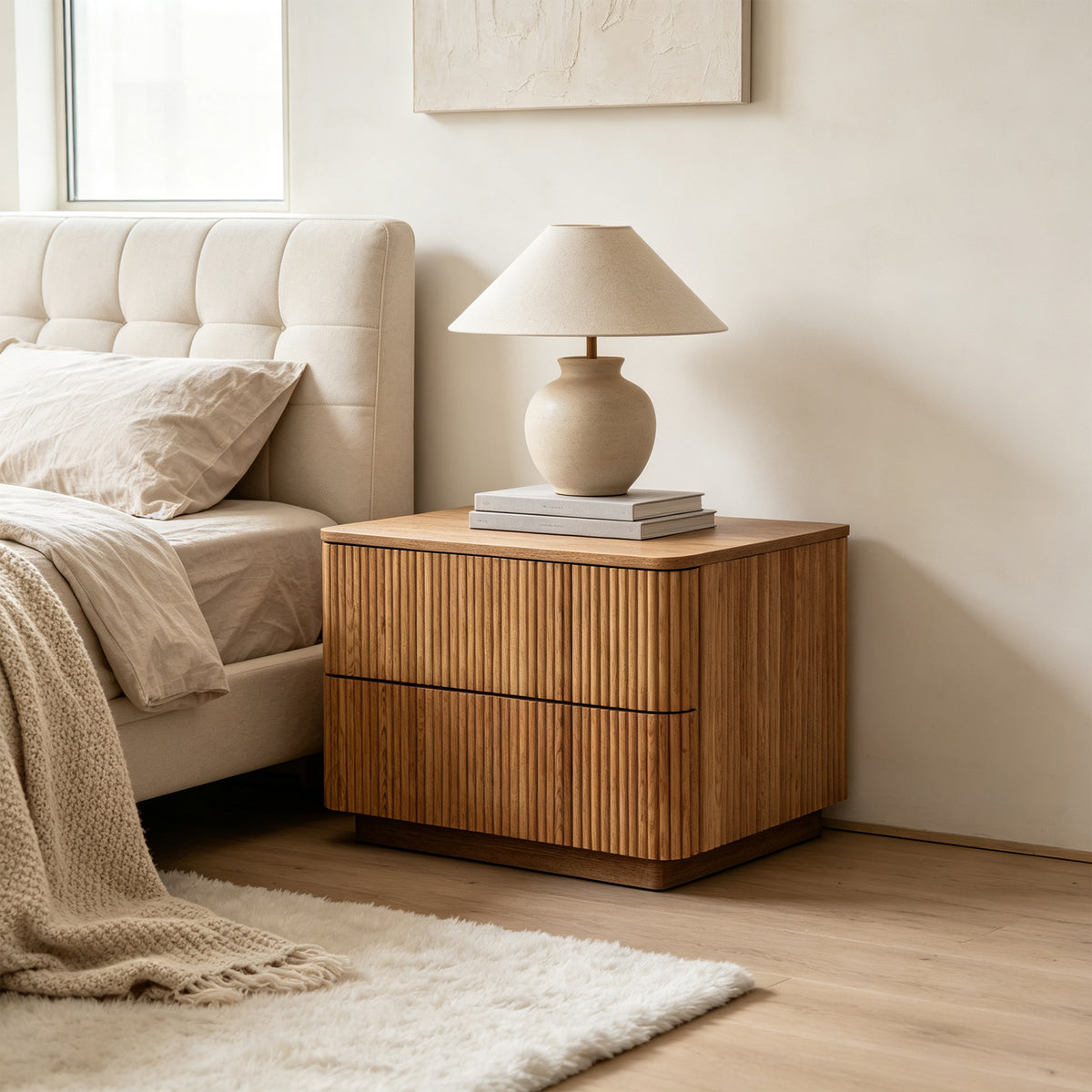 Fluted Wood 2-Drawer Nightstand – Natural Wood Bedside Table
