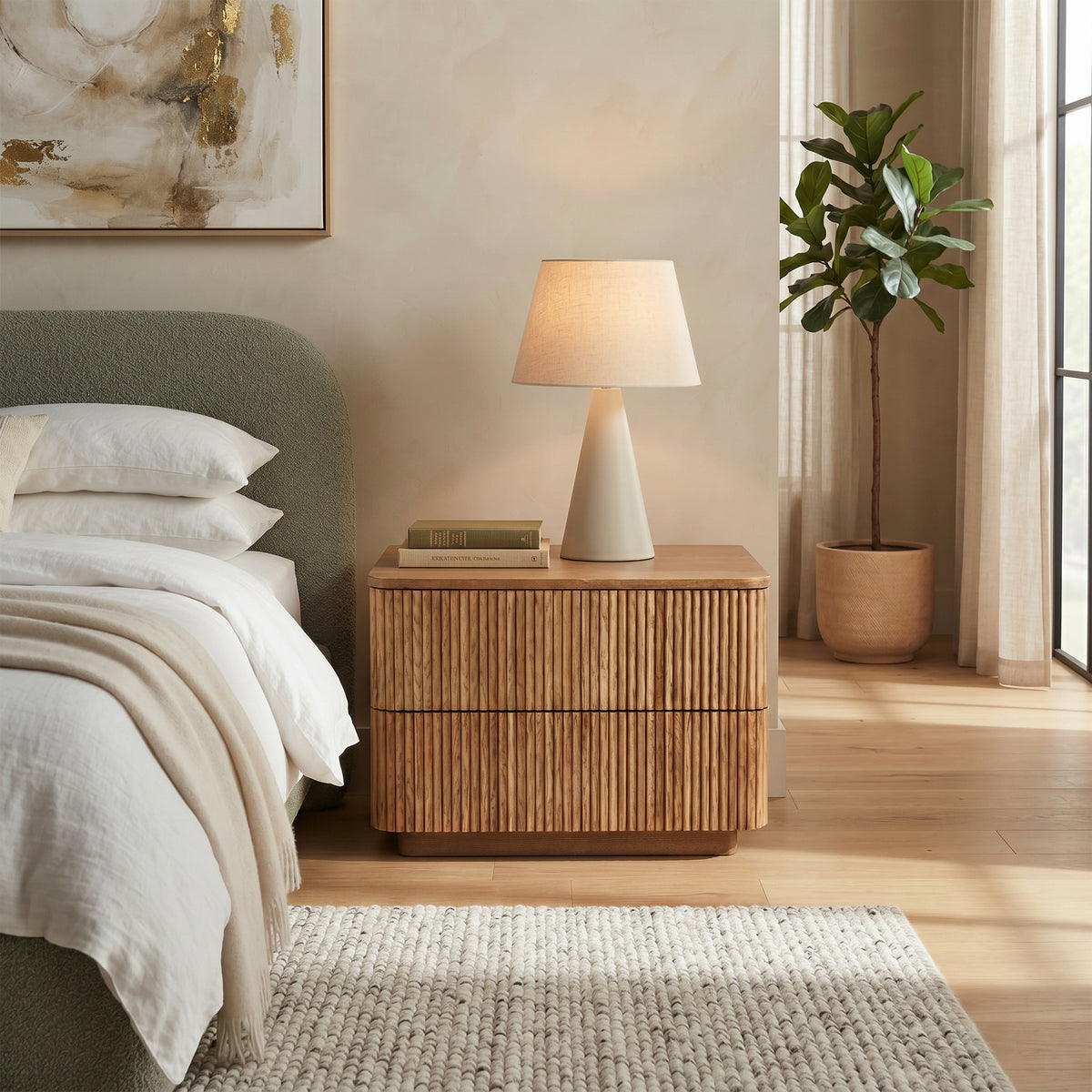 Fluted Wood 2-Drawer Nightstand – Natural Wood Bedside Table