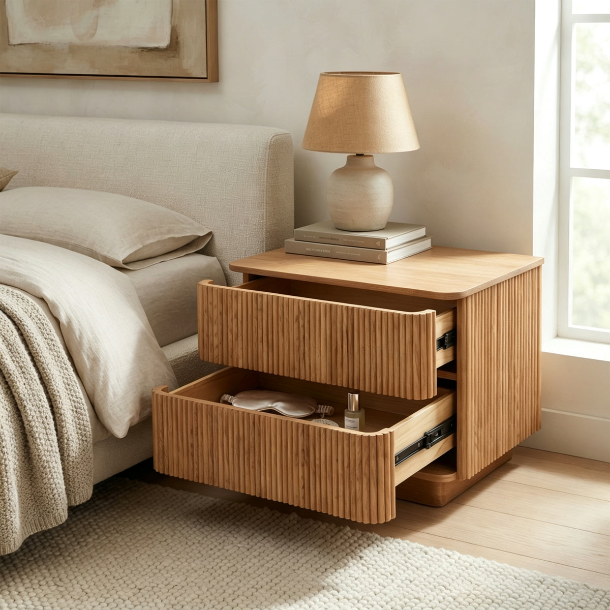 Fluted Wood 2-Drawer Nightstand – Natural Wood Bedside Table