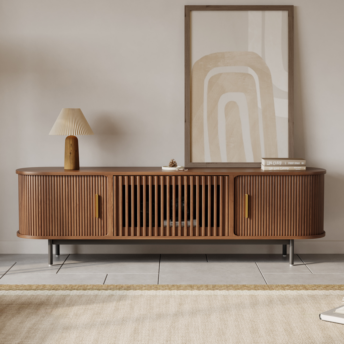 Walnut Slatted Wood Media Console –  Mid-Century TV Stand