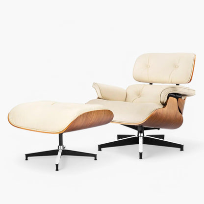 The Modern Eames Lounge Chair Replica features cream genuine cowhide leather cushions and a curved wooden frame, inspired by mid-century modern design, with matching ottoman—both set on black metal swivel bases.