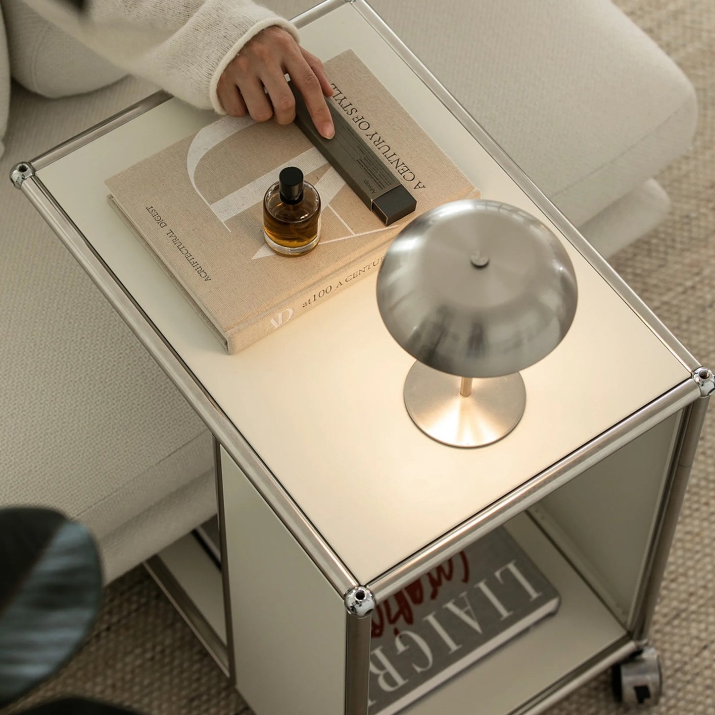 Modular Rolling Side Table Chrome Frame with Storage Shelf