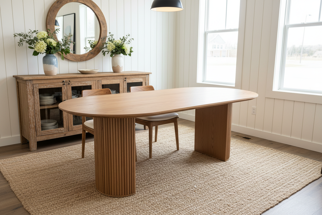 Premium Red Oak Oval Dining Table with Fluted Base