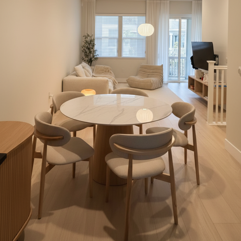 Round Dining Table with White Glass Tabletop