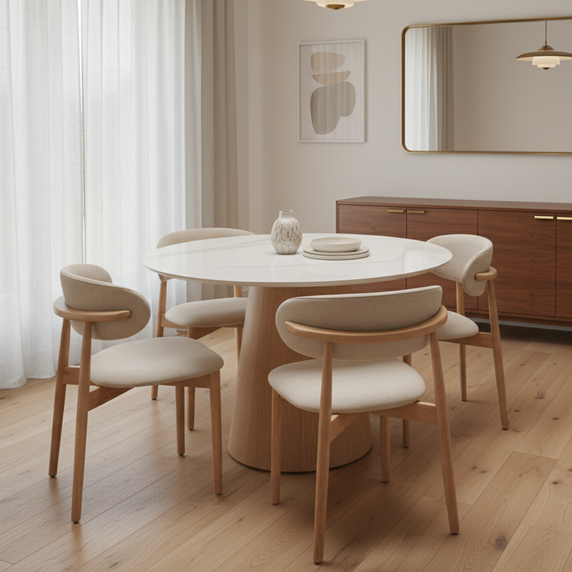 Round Dining Table with White Glass Tabletop