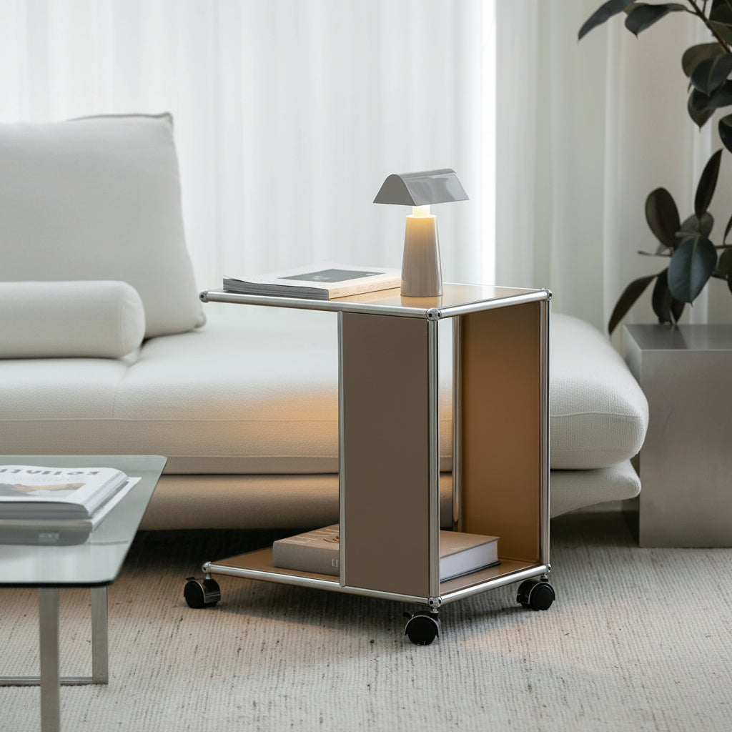 Modern side table with lamp in a living room setting