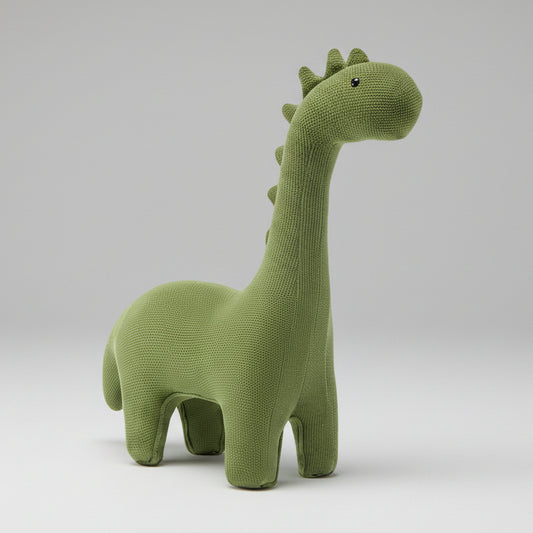 The Knit Dinosaur Accent Chair, featuring a green knitted dinosaur design with a long neck and small spikes, is perfect for enhancing your child's room decor. Pair it with a sturdy wooden frame to create an enchanting prehistoric-themed play area.