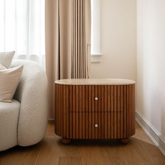Fluted Red Oak Marble Top Nightstand