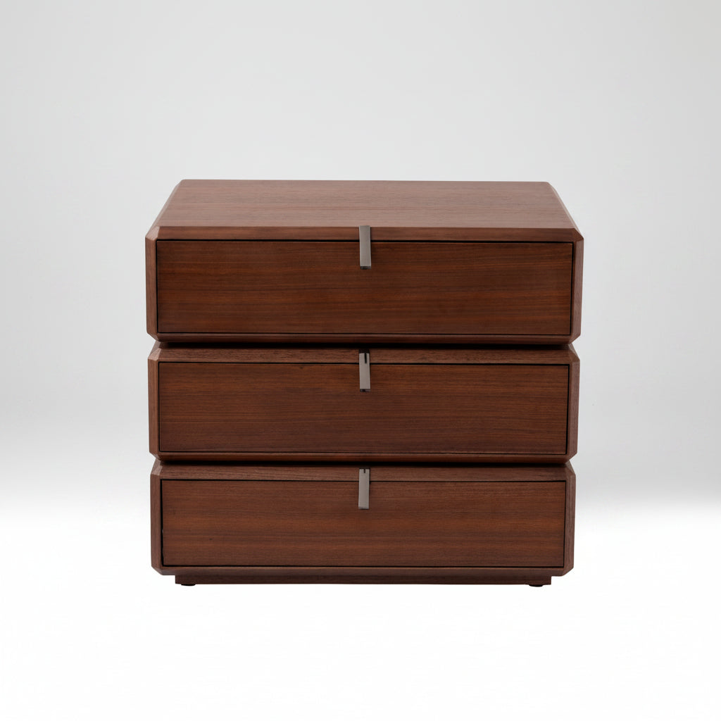 3-Drawer Swivel Nightstand in Walnut- Modern Rotating Three-Tier Bedside Storage Cabinet