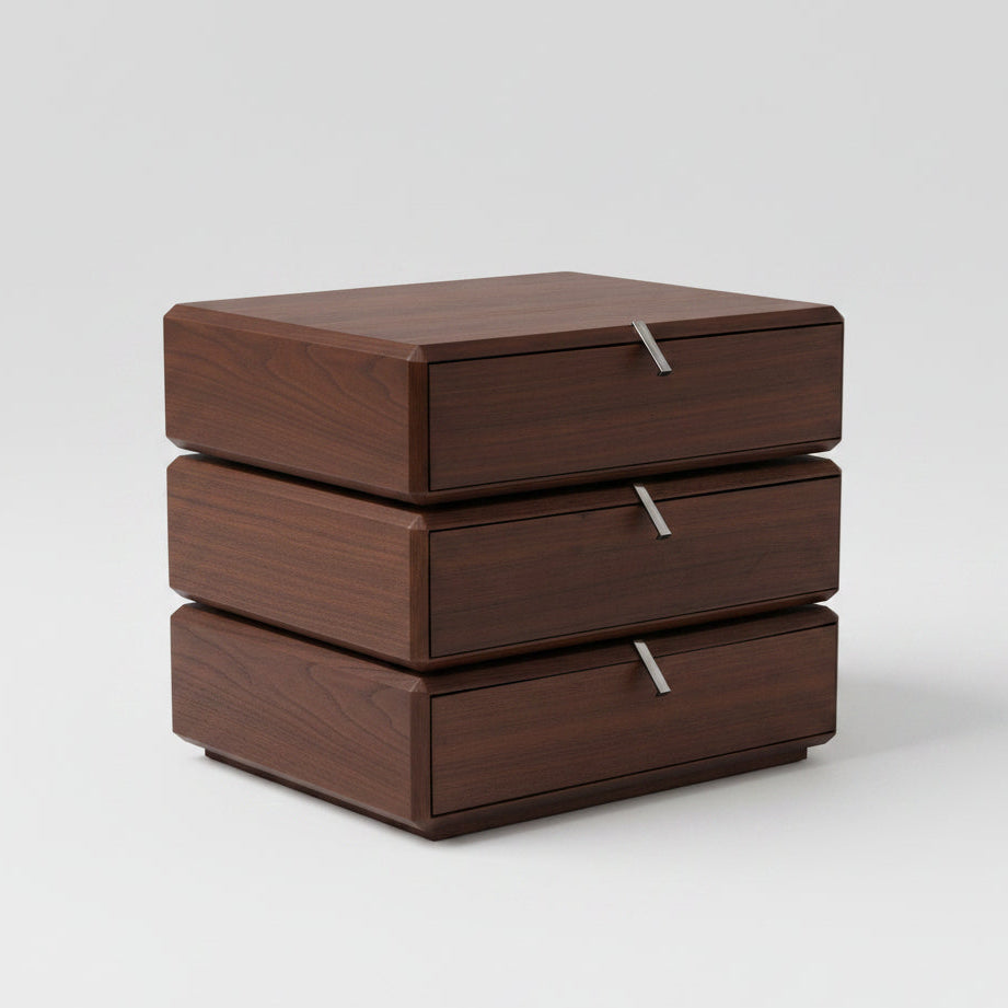 3-Drawer Swivel Nightstand in Walnut- Modern Rotating Three-Tier Bedside Storage Cabinet