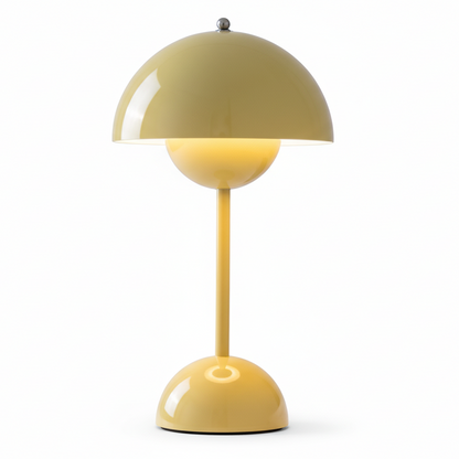 Cordless Bud Lamp: yellow, dome-shaped rechargeable table lamp with round base and adjustable brightness, displayed on a white background. "JUSO HOME" logo appears in the top left corner.