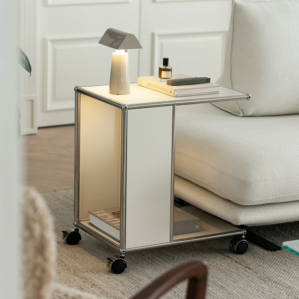 Modular Rolling Side Table Chrome Frame with Storage Shelf