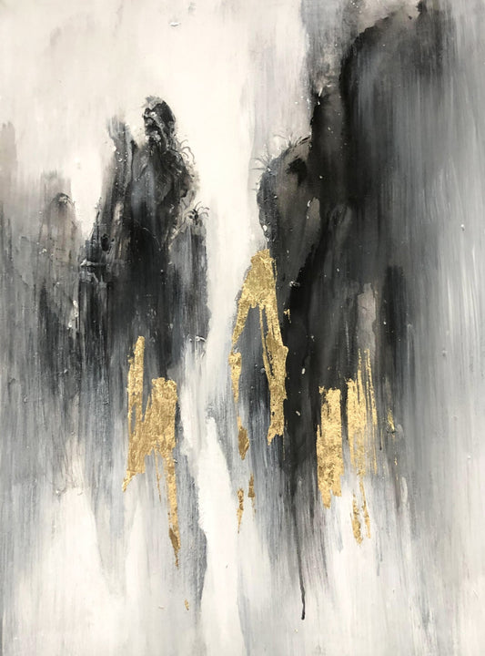 The Black, White, Gold Abstract Wall Art has dark brushstrokes and gold accents on a light background, creating an ethereal texture. Ideal as large canvas decor for modern living rooms.