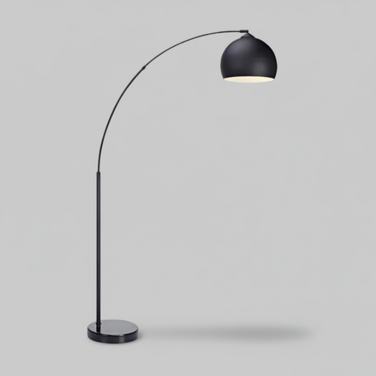 The Modern Arc Floor Lamp is a stylish black lamp featuring a dome-shaped shade and round base, ideal for adjustable overhead ambient lighting. It reflects Mid-Century Modern design, adding elegance to any room.