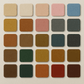 A grid of 25 textured, square color swatches in five rows and columns on a light background—ideal for choosing hues to inspire your decor or for selecting the perfect Chillax Decorative Lumbar Pillows offering comfort and back support.
