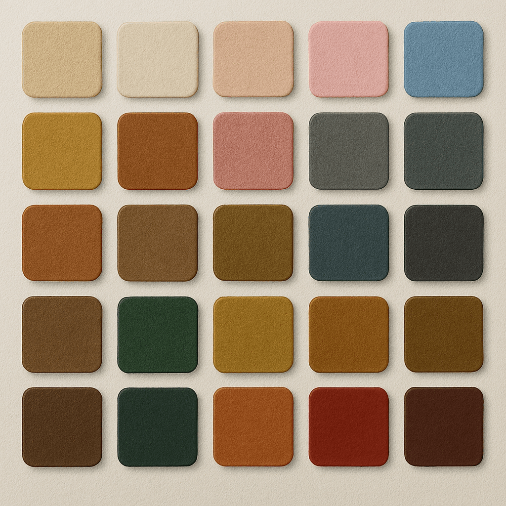 A grid of 25 textured, square color swatches in five rows and columns on a light background—ideal for choosing hues to inspire your decor or for selecting the perfect Chillax Decorative Lumbar Pillows offering comfort and back support.